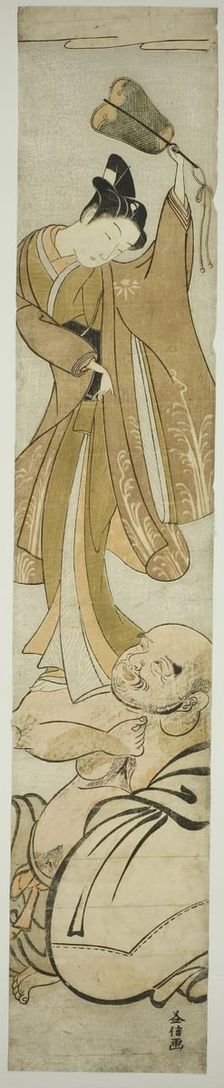 Hotei Balances a Young Man on His Arm, Japan, c. early 1770s. Creator: Masunobu