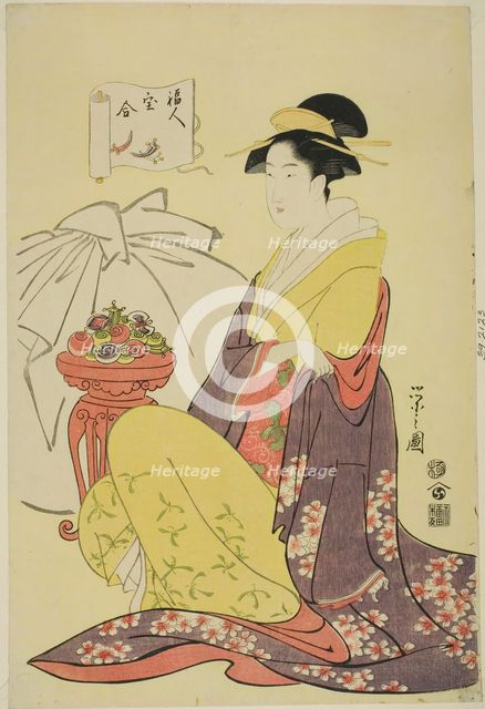 Hotei, from the series "Comparison of the Treasures of the Gods of Good Fortune..., c. 1795. Creator: Hosoda Eishi.