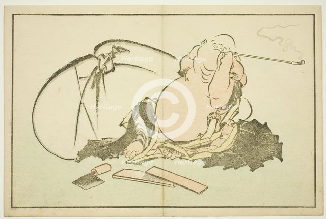 Hotei Smoking his Pipe, from The Picture Book of Realistic Paintings of Hokusai..., Japan, c. 1814. Creator: Hokusai.