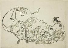 Hotei Reading a Book, no. 11 from a series of 12 prints, c. 1708. Creator: Okumura Masanobu