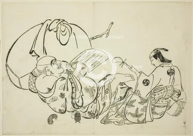 Hotei Reading a Book, no. 11 from a series of 12 prints, c. 1708. Creator: Okumura Masanobu.