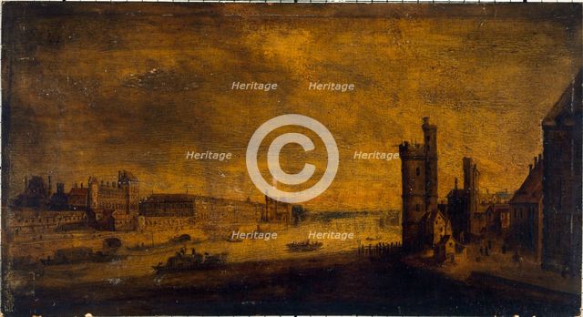 Hotel de Nevers, Tour de Nesle, Grande Galerie and the Louvre, seen from Pont-Neuf, around 1640. Creator: Unknown.