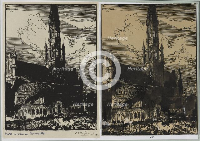 Hôtel de Ville de Bruxelles en feu, 1914. Creator: Auguste Louis Lepère (French, 1849-1918).