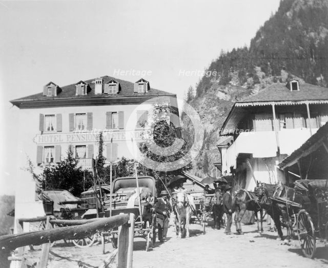 Hotel Pension de la Tete Noire, somewhere in Europe, with horses and carriages..., c1900. Creator: Frances Benjamin Johnston.