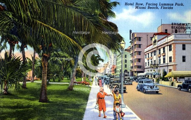 Hotel Row, facing Lummus Park, Miami Beach, Florida, USA, 1940. Artist: Unknown