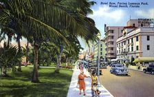 Hotel Row, facing Lummus Park, Miami Beach, Florida, USA, 1940