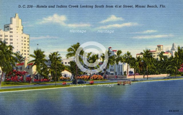 Hotels and Indian Creek looking south from 41st Street, Miami Beach, Florida, USA, 1946. Artist: Unknown