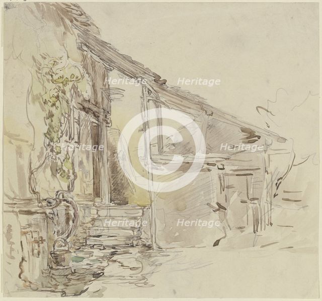 House corner with a grapevine and four steps, c1850-1905. Creator: Anton Burger.
