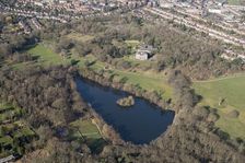 House and boating lake, Grovelands Park, Southgate, London, 2018. Creator: Historic England Staff Photographer