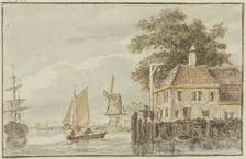 House by the water and a windmill, with several ships nearby. Creator: Hendrik Spilman