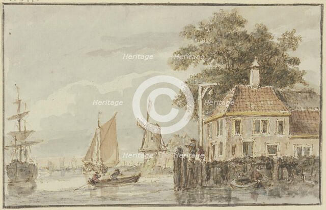 House by the water and a windmill, with several ships nearby. Creator: Hendrik Spilman.