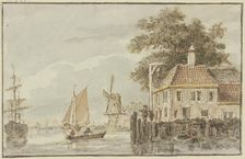 House by the water and a windmill, with several ships nearby. Creator: Hendrik Spilman
