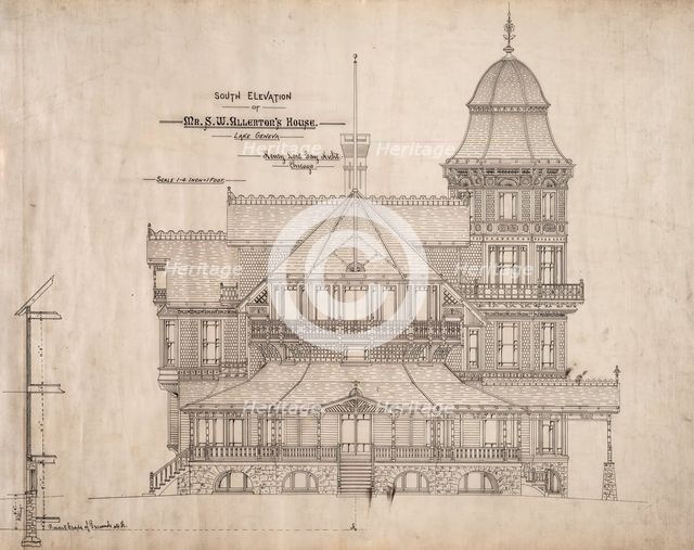 House for Mr. S.W. Allerton, Lake Geneva, Wisconsin: South Elevation, c. 1884. Creator: Henry Lord Gay.