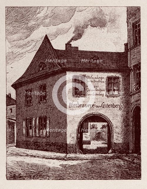 House in Mainz, Germany, where John Gutenberg was the first printing. Drawing from 1900.