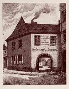 House in Mainz, Germany, where John Gutenberg was the first printing. Drawing from 1900
