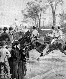 House of Commons Steeplechase at Rugby, March 29. - rush at the first fence, 1890. Creator: R. Taylor