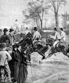 House of Commons Steeplechase at Rugby, March 29. - rush at the first fence, 1890. Creator: R. Taylor