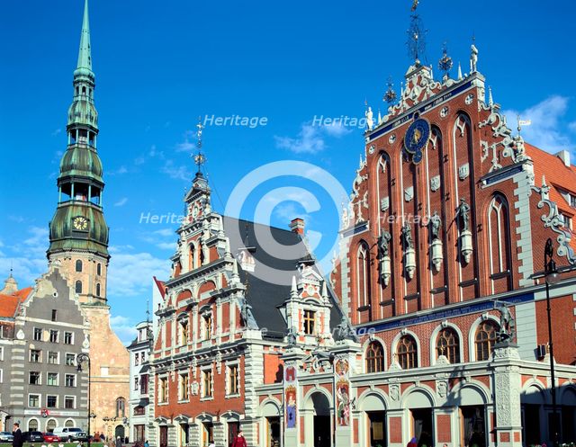 House of Blackheads and St Peter's church, Riga, Latvia. Creator: Peter Thompson.