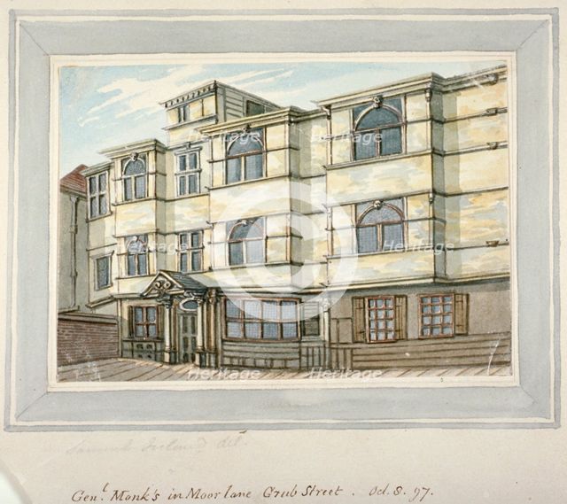 House of George Monck, Duke of Albermarle in Grub Street, now Milton Street, City of London, 1797. Artist: Samuel Ireland