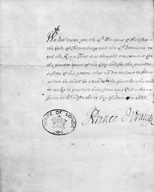 House of Lords document, signed Prince d'Orange, 1688. Creator: King William III