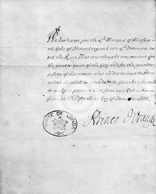 House of Lords document, signed Prince d'Orange, 1688. Creator: King William III.