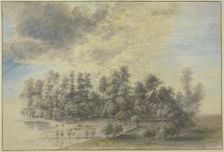 House standing in a group of trees, some cattle grazing by water to the left. Creator: Lucas van Uden