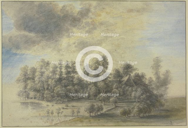 House standing in a group of trees, some cattle grazing by water to the left. Creator: Lucas van Uden.