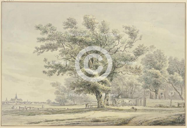 House with a wagon under trees, a meadow with cattle and a village to the left. Creator: Hendrik Spilman.