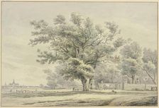 House with a wagon under trees, a meadow with cattle and a village to the left. Creator: Hendrik Spilman