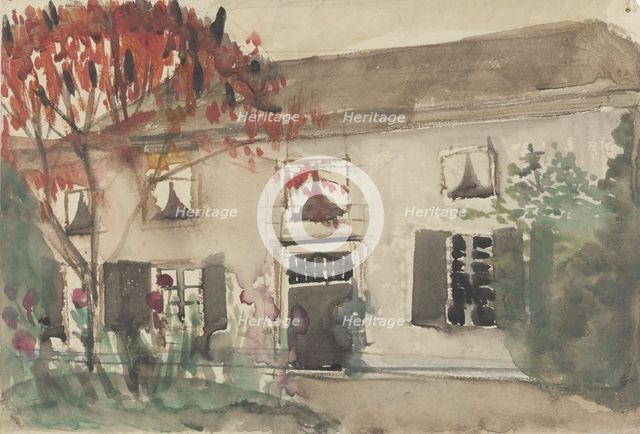 House with front yard and red tree, 1874-1945. Creator: Carel Adolph Lion Cachet.