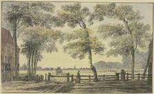 House under trees, a woman at the gate, a wagon departing outside the fenced property. Creator: Hendrik Spilman