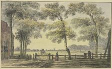 House under trees, a woman at the gate, a wagon departing outside the fenced property. Creator: Hendrik Spilman