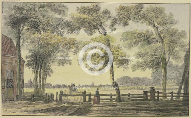 House under trees, a woman at the gate, a wagon departing outside the fenced property. Creator: Hendrik Spilman.