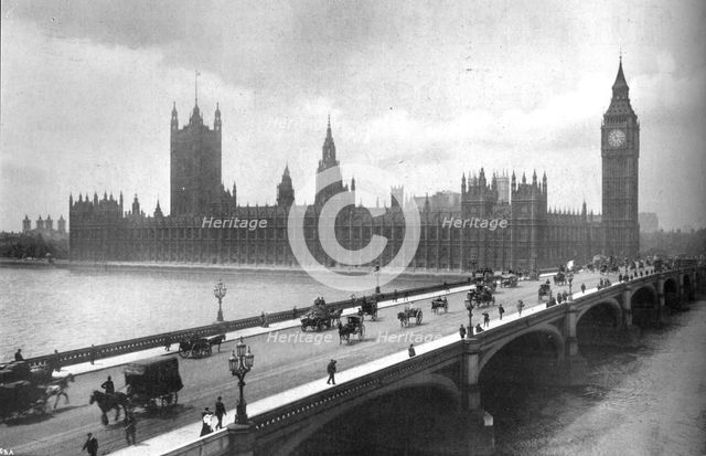 'Houses of Parliament and Westminster Bridge', 1919. Artist: Garratt & Atkinson.