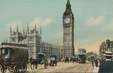 Houses of Parliament, & Westminster Bridge, London c1900s. Creator: Unknown