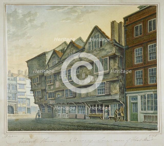 Houses on the corner of Chancery Lane and Fleet Street, City of London, 1798. Artist: William Capon