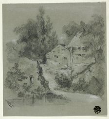 Houses and Ruined Wall Overlooking River, 1877. Creator: I. B. F. Keim