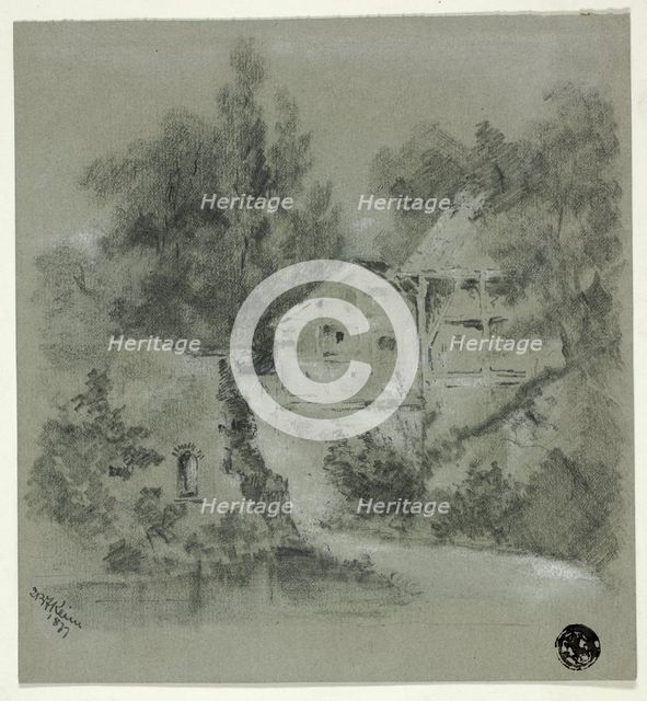 Houses and Ruined Wall Overlooking River, 1877. Creator: I. B. F. Keim.