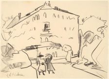 Houses in Dresden with People Strolling, 1909. Creator: Ernst Kirchner