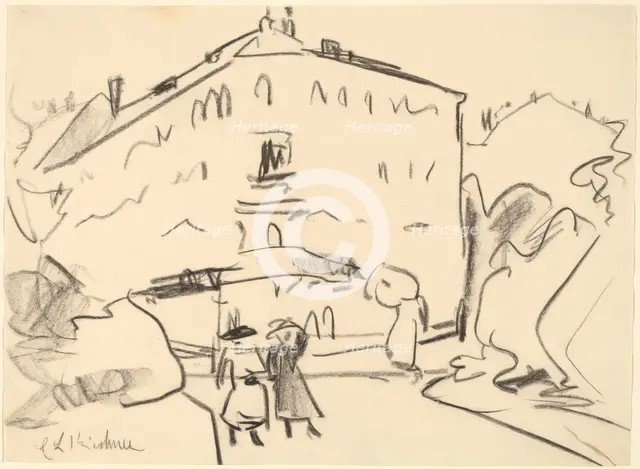 Houses in Dresden with People Strolling, 1909. Creator: Ernst Kirchner.