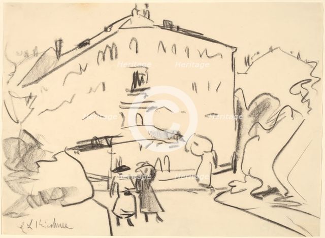 Houses in Dresden with People Strolling, 1909. Creator: Ernst Kirchner.