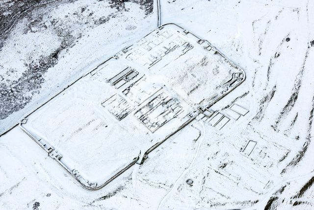 Housesteads or Vircovicium Roman Fort on Hadrian's Wall in the snow, Northumberland, 2018. Creator: Emma Trevarthen.