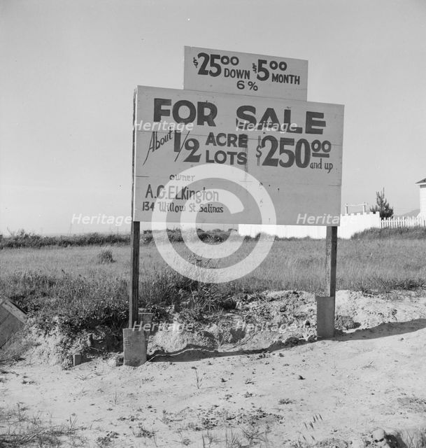 Housing for rapidly growing fringe of lettuce workers on edge of town, Salinas, California, 1939. Creator: Dorothea Lange.