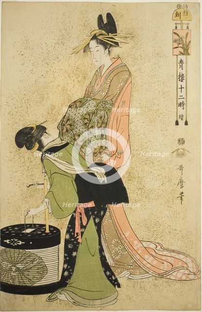 Hour of the Cock (Tori no koku), from the series "Twelve Hours in Yoshiwara...", Japan, c. 1794. Creator: Kitagawa Utamaro.