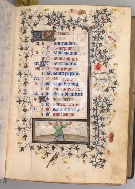 Hours of Charles the Noble, King of Navarre (1361-1425): fol. 3r, March, c. 1405. Creator: Master of the Brussels Initials and Associates (French).