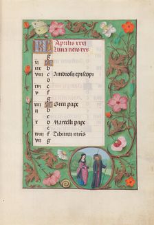 Hours of Queen Isabella the Catholic, Queen of Spain: Fol. 5r, April - Squire and Damsel, c. 1500. Creator: Master of the First Prayerbook of Maximillian (Flemish, c. 1444-1519); Associates, and