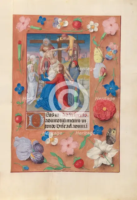 Hours of Queen Isabella the Catholic, Queen of Spain: Fol. 73r, Descent from the Cross, c. 1500. Creator: Master of the First Prayerbook of Maximillian (Flemish, c. 1444-1519); Associates, and.