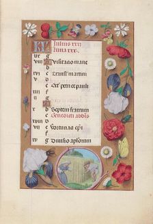 Hours of Queen Isabella the Catholic, Queen of Spain: Fol. 8r, July - Harvesting Wheat, c. 1500. Creator: Master of the First Prayerbook of Maximillian (Flemish, c. 1444-1519); Associates, and