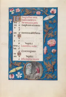 Hours of Queen Isabella the Catholic, Queen of Spain: Fol. 9r, August - Threshing Wheat, c. 1500. Creator: Master of the First Prayerbook of Maximillian (Flemish, c. 1444-1519); Associates, and