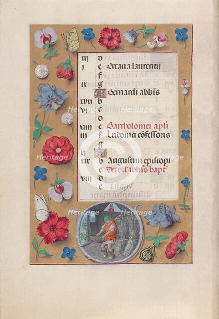 Hours of Queen Isabella the Catholic, Queen of Spain: Fol. 9v, August, c. 1500. Creator: Master of the First Prayerbook of Maximillian (Flemish, c. 1444-1519); Associates, and.